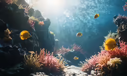 fish swim in a very colorful coral aquarium