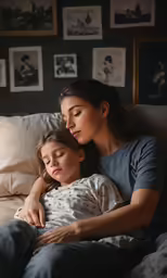 a mother is hugging her daughter on a bed