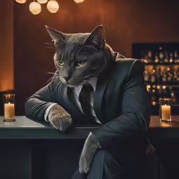 a cat in a suit sitting at a bar with some candles