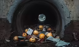 several apples, oranges and a cellphone in a tunnel