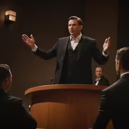 a man is talking from a podium with his hands out