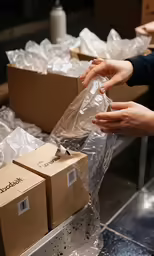 a person unpacking some packages on top of a table