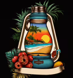 a painting of a glass bottle with a beach scene inside it,an image of tropical design on a bottle