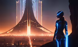 an futuristic woman standing in front of a tall tower at night,futuristic female character in front of a bridge at night