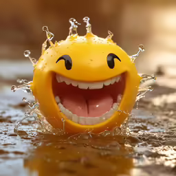 a small yellow ball with a smile is partially submerged in water