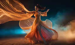 a woman posing with a flowing dress