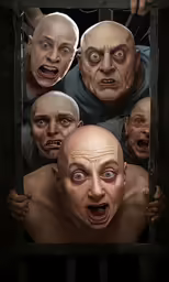 a bunch of creepy looking heads sticking out of a wooden box