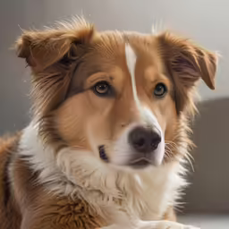 a brown and white dog with a frizz around his face