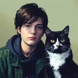 the black and white cat is standing next to a man