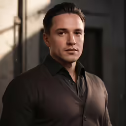 man with black shirt and dark collar posing for a picture