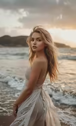 a beautiful young woman posing by the ocean