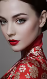 woman with very bold red lipstick wearing a beautiful dress