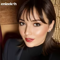 a woman wearing an orange and black suit and matching lipstick