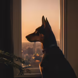 a doberman looking out a window with a cityscape in the background