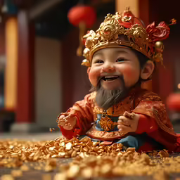 a laughing and smiling statue of a king sitting in the middle of gold grains