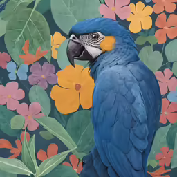 a blue bird sits on some colorful flowers