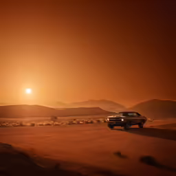 a truck driving in the middle of a desert