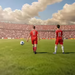 two soccer players on a field with the sky