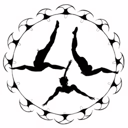 two men and a woman doing acrobatic exercises in the shape of circles
