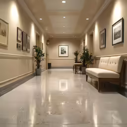 a hall in a building with long bench next to it