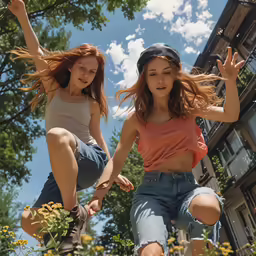 two young girls skateboarding in the street while their friend jumps up in front