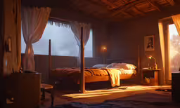 a bed sitting in a bedroom next to a window,a dimly lit bedroom with a wooden ceiling