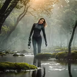 the girl in the wet suit is walking through the forest
