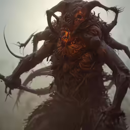 a demon that has large black eyes and a creepy nose