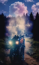the image shows a motorcycle on a dirt road