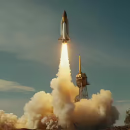 a rocket with a rocket launcher on it lifts off from the ground