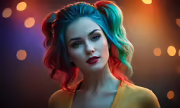 a close up of a woman with blue hair