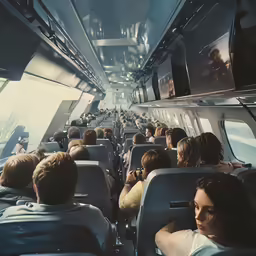 a group of people sitting inside of a plane