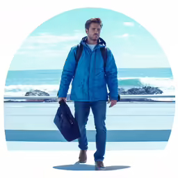 a man in blue jacket standing near the ocean
