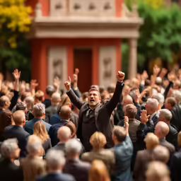 there is a man that is standing up in a crowd