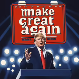 donald trump speaks while holding up his hand at the campaign podium
