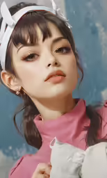 woman with black hair wearing a pink shirt and white headband