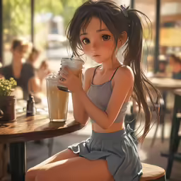 a girl sitting at a table with her leg crossed while holding a cup