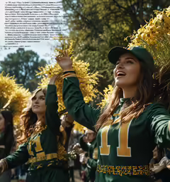 a girl in green and gold cheer while others watch