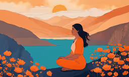 a woman is sitting down in a field full of flowers,an illustration of a woman sitting in meditation