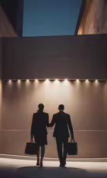 a silhouette of two business people walking outside a building