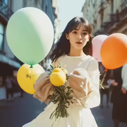 a beautiful young lady holding some very pretty balloons