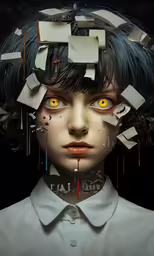 an animation image of a girl with torn paper in her hair