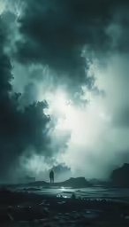 the dark sky is looming over some water