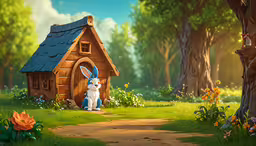 there is a rabbit house next to a little bunny,an animated illustration of a bunny in front of a hut