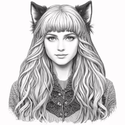 a black and white drawing of a woman with long hair