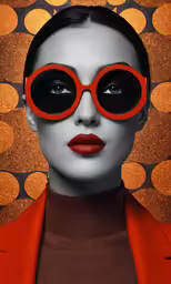woman wearing large red round glasses in a gold background