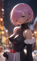 a girl with pink hair holding a box