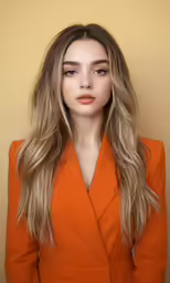 the face of a woman in an orange jacket