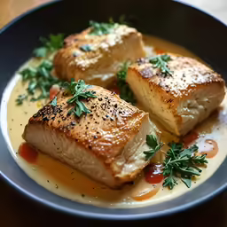 two pieces of seared fish and herbs on a white and black plate