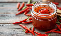 a jar filled with something and surrounded by red hot chili peppers